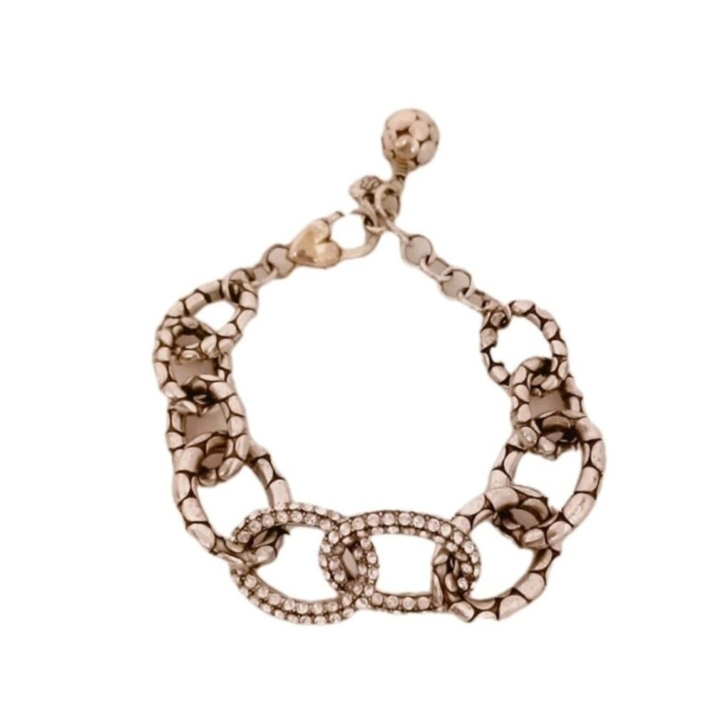 Brighton Silver Tone Chunky Rhinestone Chain Link Bracelet Heart Clasp Boho Chic